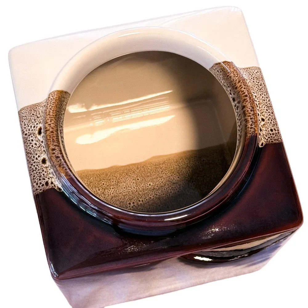Vintage Pier 1 Imports Square Canister Lid Tri-Color Stoneware Glaze Brown Cream